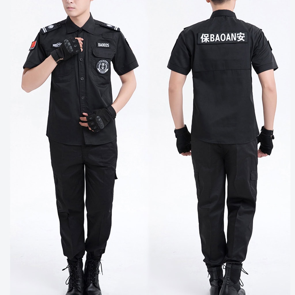 Front and back view of a security guard wearing the custom black short sleeve security guard uniform.