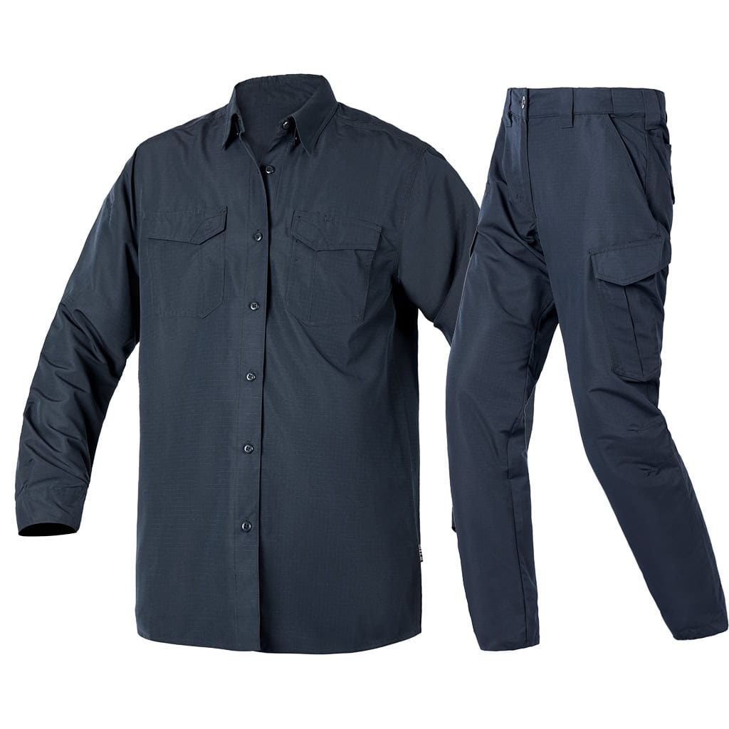 Angled front view of the complete custom navy blue waterproof work uniform set, showing the profile of the shirt and pants.