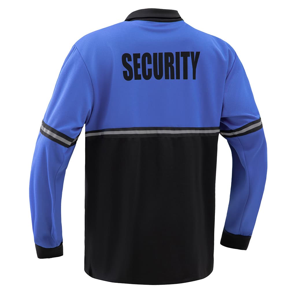 Back view of the custom long sleeve security polo shirt with a reflective stripe and "SECURITY" printed across the back.