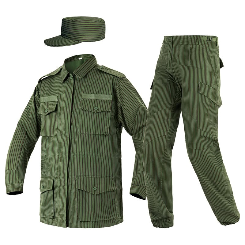 Angled view of the custom green striped security uniform set, showing the profile of the BDU jacket, cargo pants, and patrol cap.
