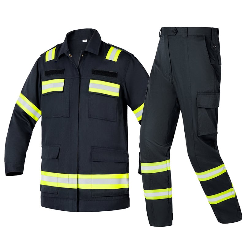 Angled front view of the complete custom flame resistant firefighter uniform set, showing the profile of the jacket and cargo pants.