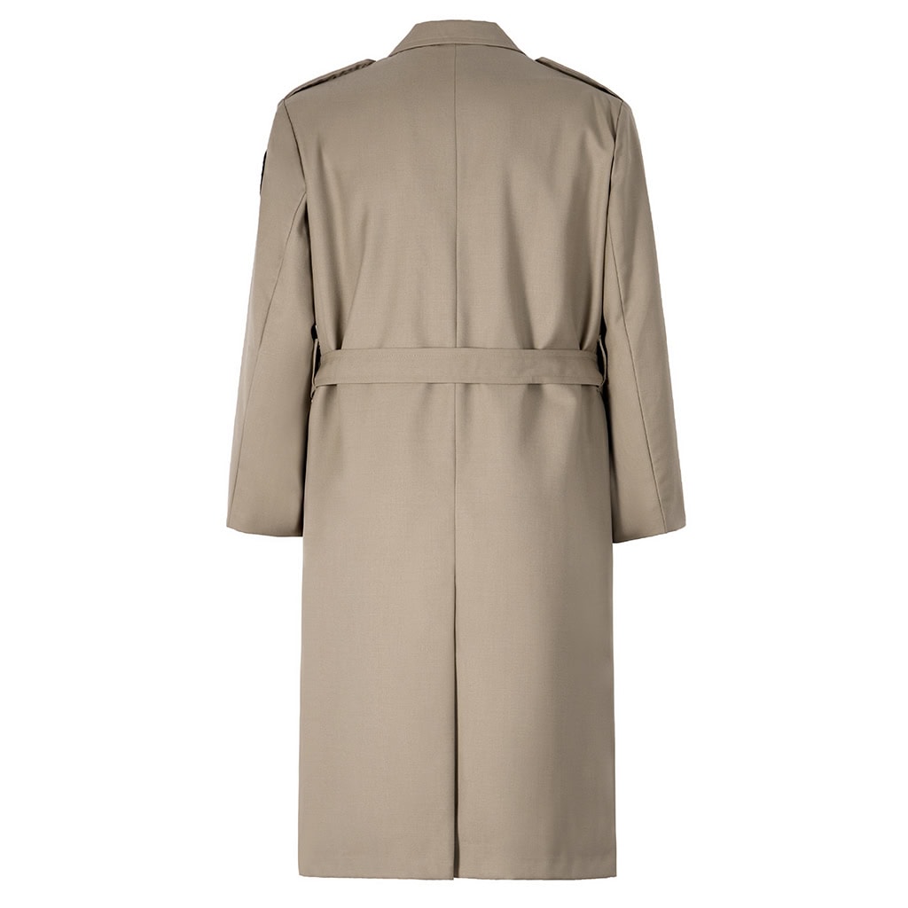 Back view of the custom khaki military officer trench coat, showing the clean tailored lines and waist belt.