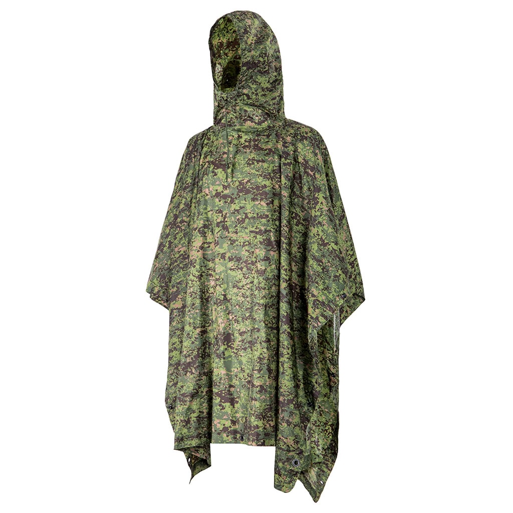 Front view of the custom Philippine jungle camo military poncho, featuring a large hood and snap-button sides.