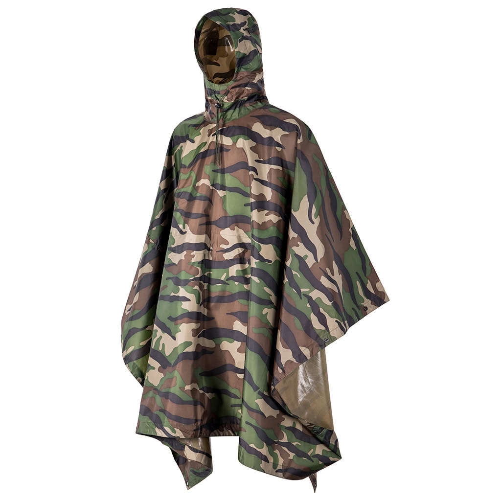 Angled view of the custom Nepal camo military rain poncho, showing its full coverage and adjustable hood.