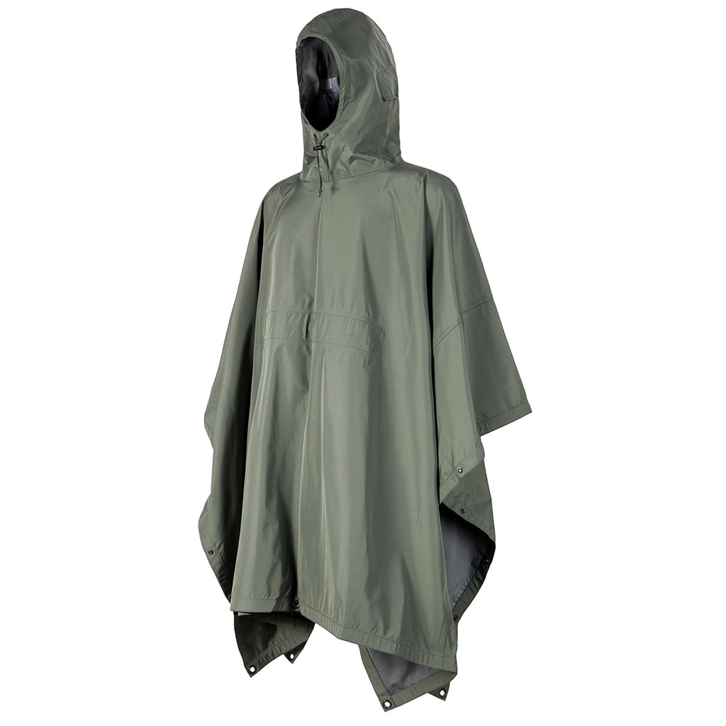 Angled view of the custom olive green military rain poncho, showing its full coverage and adjustable hood with a clear brim.