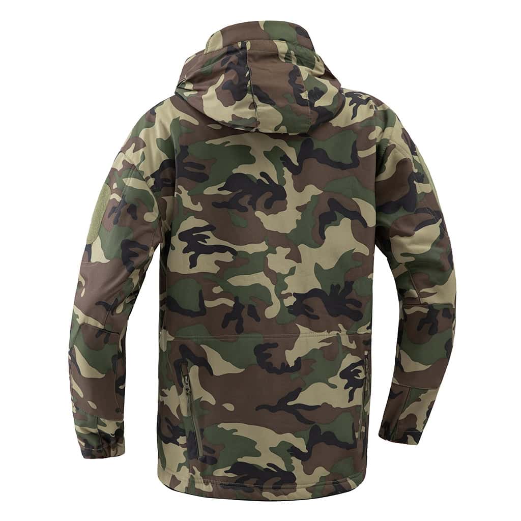 Back view of the custom woodland camo softshell jacket, showing the athletic cut and hooded design.