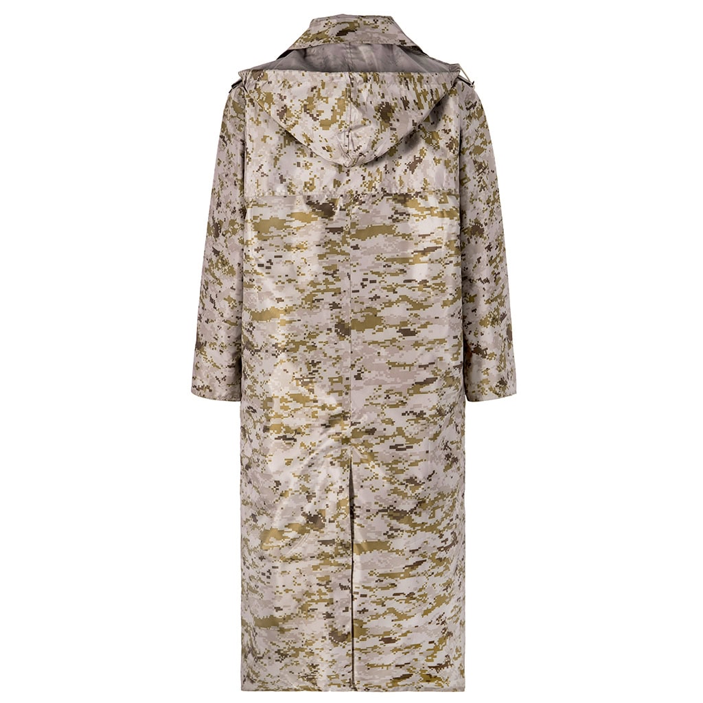 Back view of the custom digital desert military raincoat, showing the clean design and protective hood.