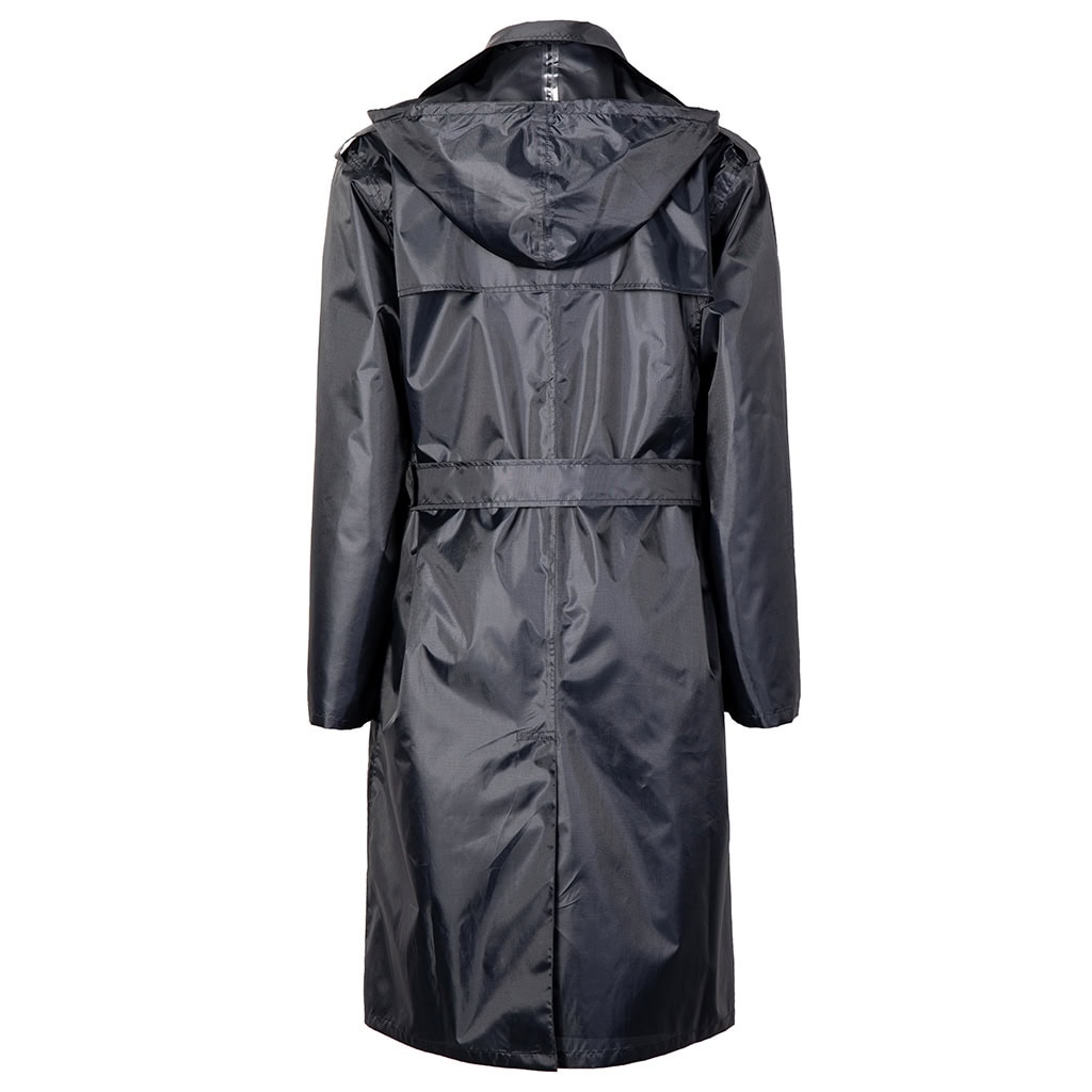 Back view of the custom navy blue waterproof trench coat, showing the clean tailored lines and waist belt.