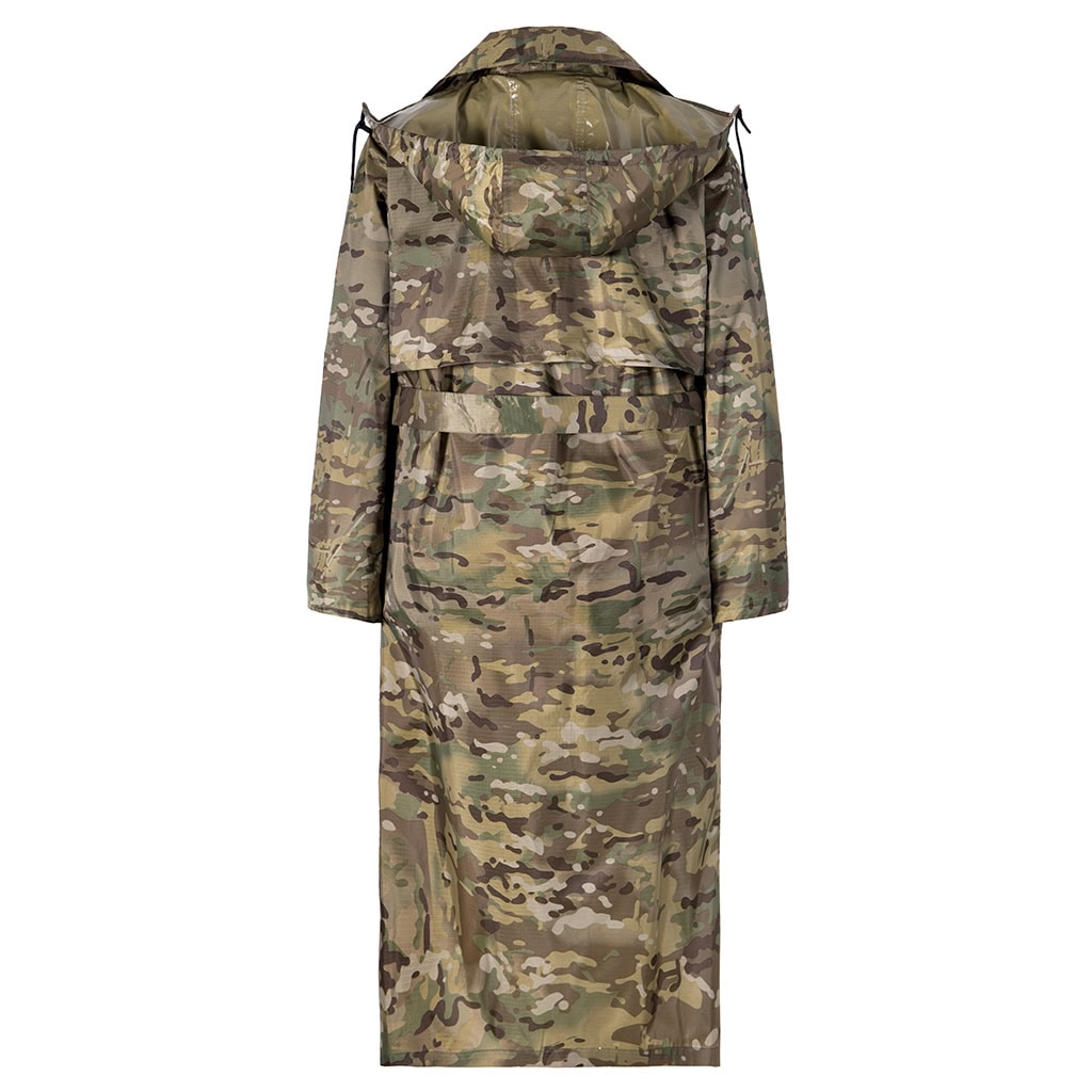 Back view of the custom CP camo waterproof long raincoat, showing the clean tailored lines and waist belt.