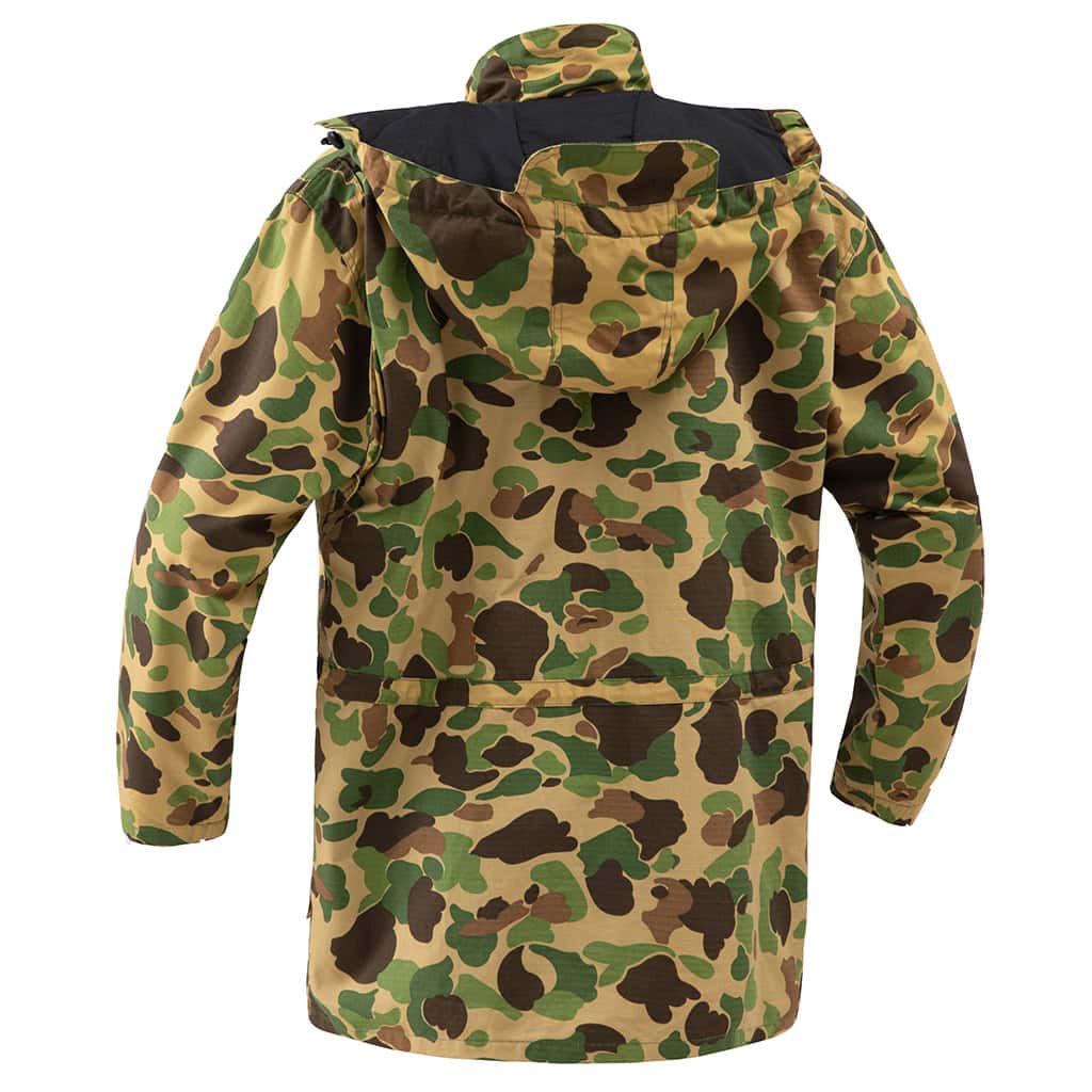 Back view of the custom duck hunter camo field jacket, showing the clean design and large hood.