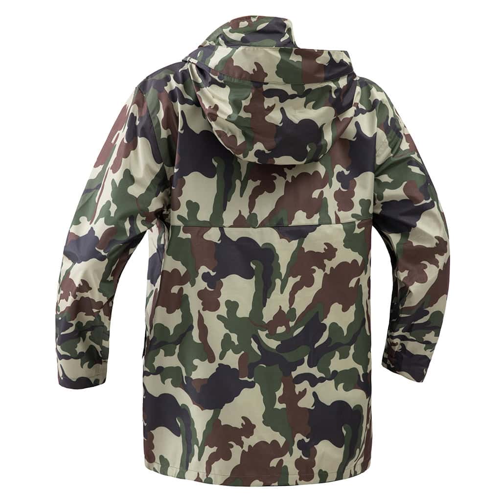 Back view of the custom woodland camo military rain poncho, showing the clean design and protective hood.