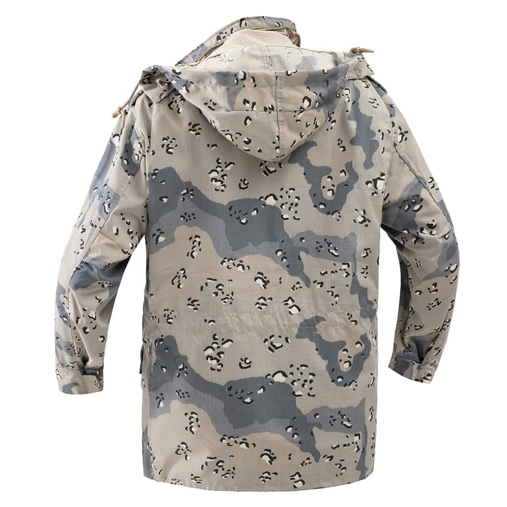 Back view of the custom Saudi 6-color desert M65 jacket, showing the clean design and stowable hood outline.