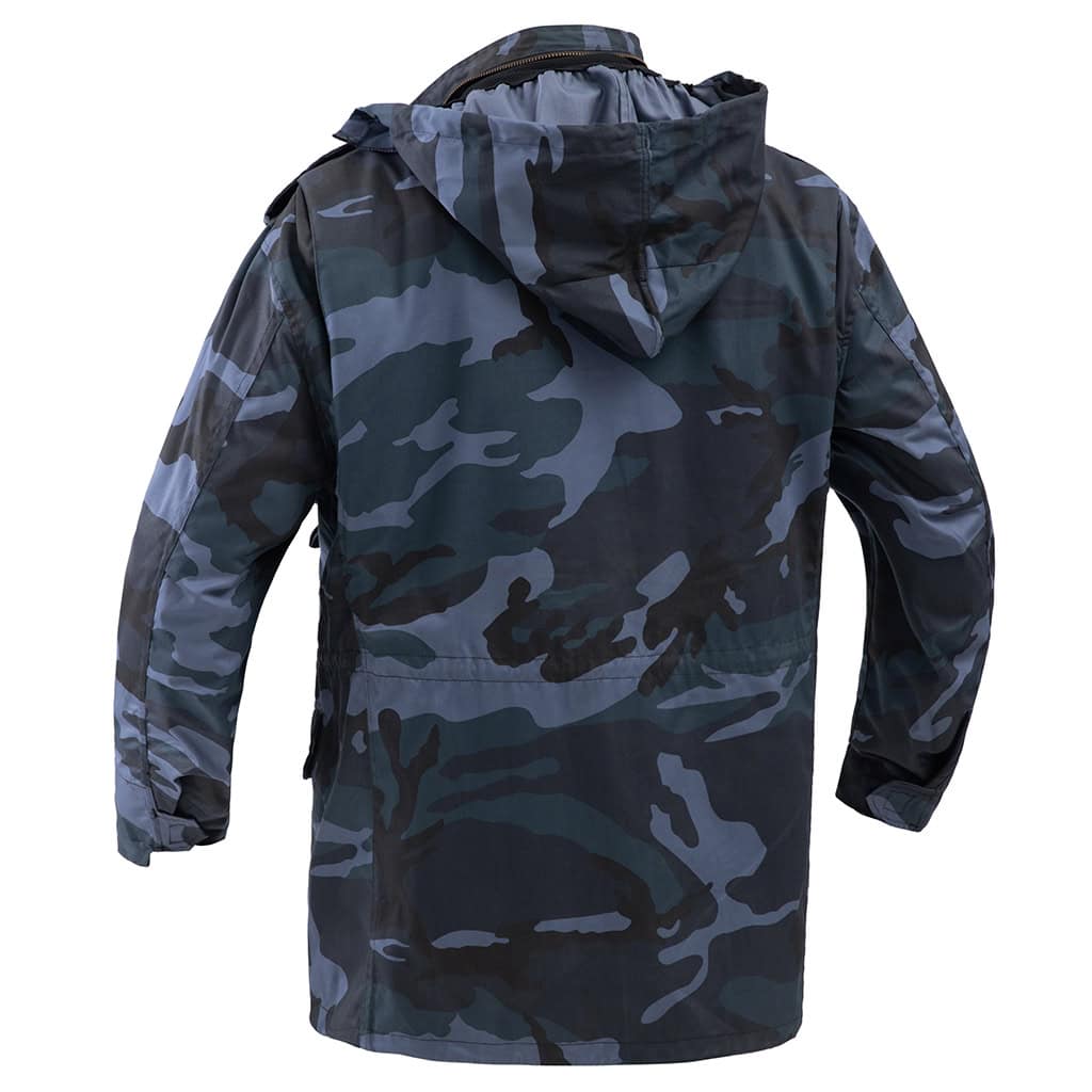 Back view of the custom midnight blue camo M65 jacket, showing the clean design and stowable hood.