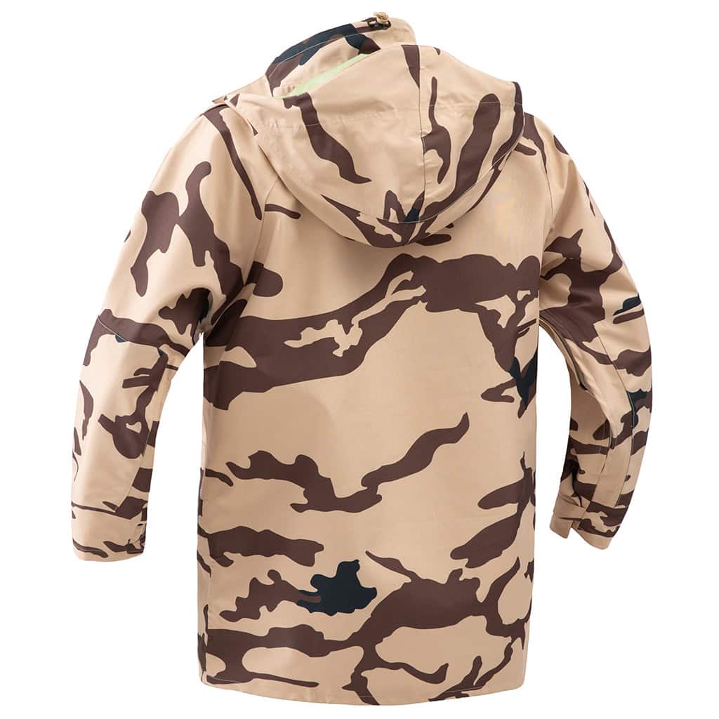Back view of the custom Chad desert camo tactical jacket, showing the clean design and protective hood.