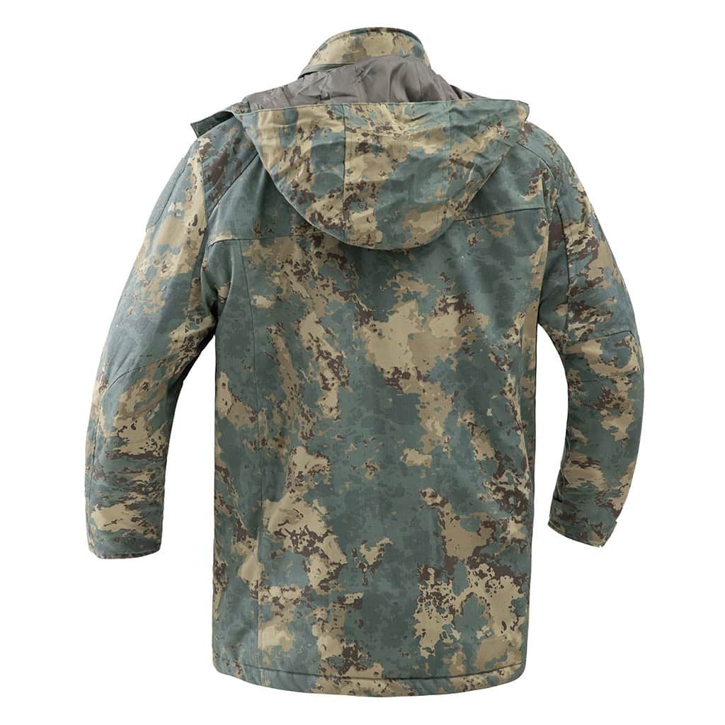 Back view of the custom Azerbaijan camo softshell jacket, showing the athletic cut and stowable hood design.
