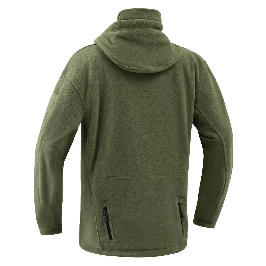 Back view of the custom olive green fleece tactical jacket, showing the athletic cut, hooded design, and rear zippered pocket.
