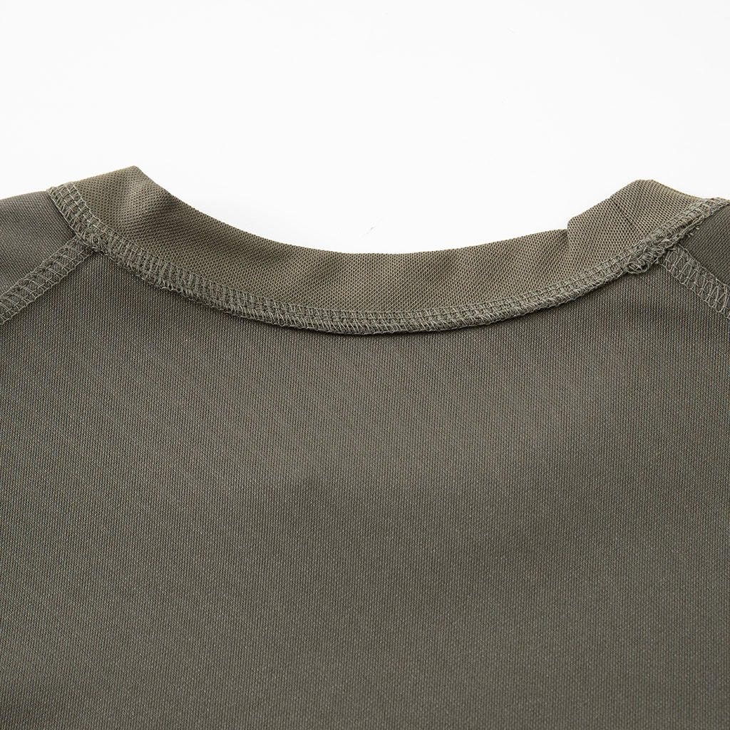 Close-up of the comfortable, round-neck collar on the custom olive green tactical t-shirt.