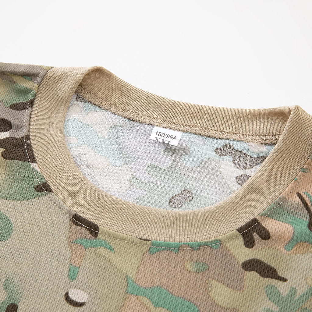Close-up of the comfortable round-neck collar and brand tag on the custom CP camo quick-dry t-shirt.