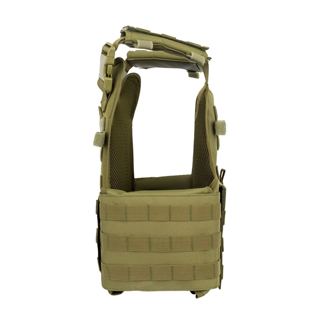 Side profile of the custom tactical plate carrier vest in khaki, showing the adjustable shoulder straps and cummerbund.