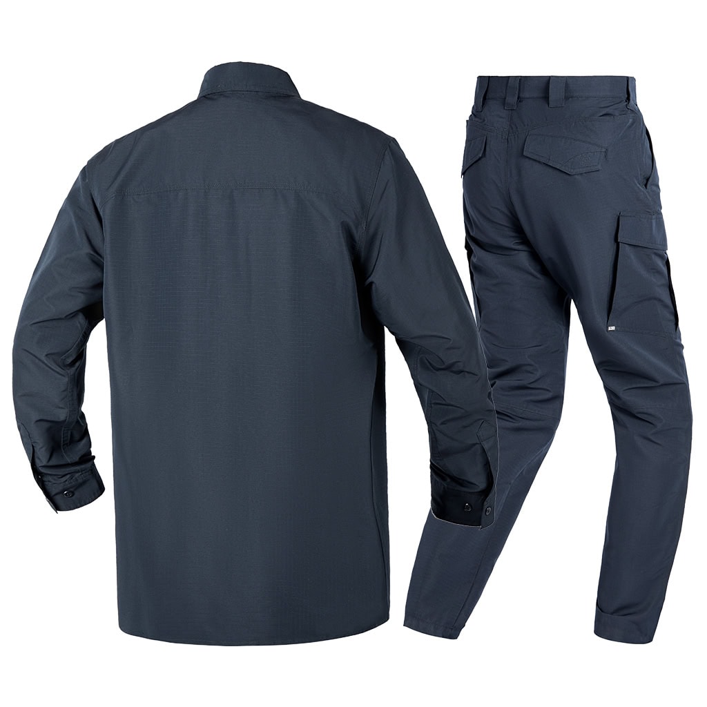 Back view of the complete custom navy blue waterproof work uniform set, highlighting the clean design of the shirt and pants.