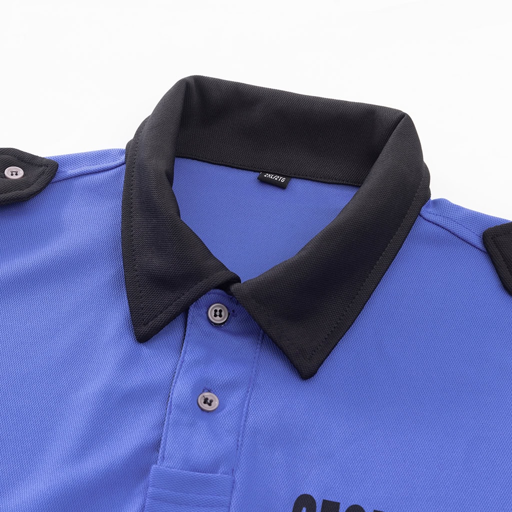 Close-up of the professional two-tone collar and hidden button placket on the custom long sleeve security polo shirt.
