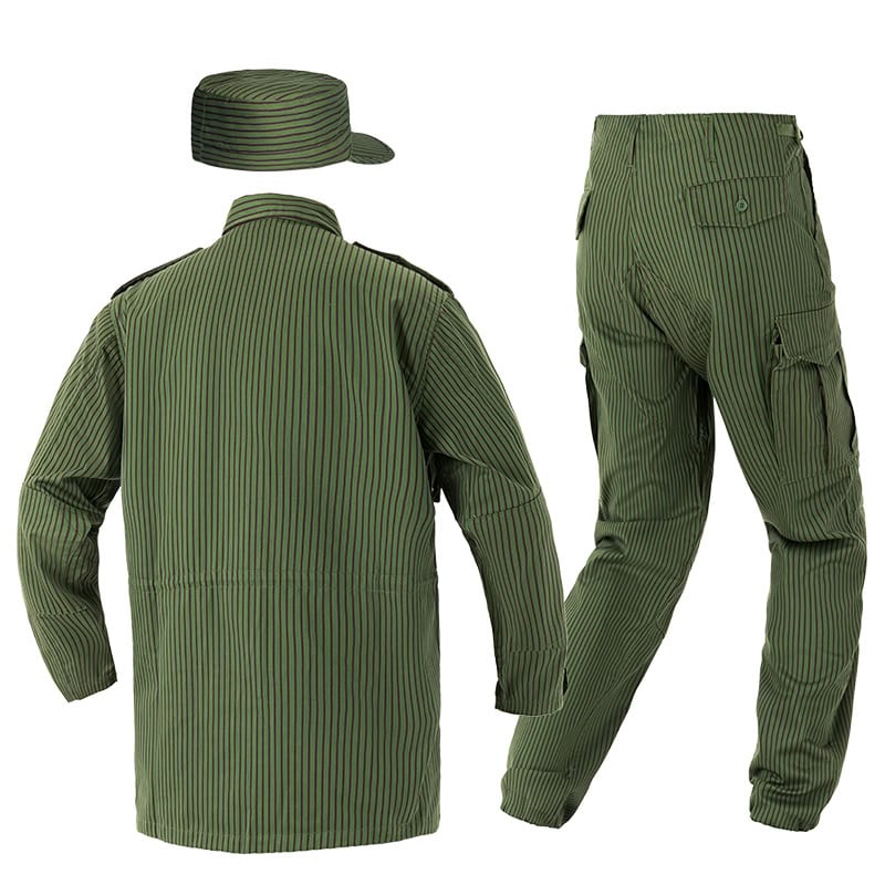 Back view of the complete custom green striped security uniform set, highlighting the clean back panel of the jacket.