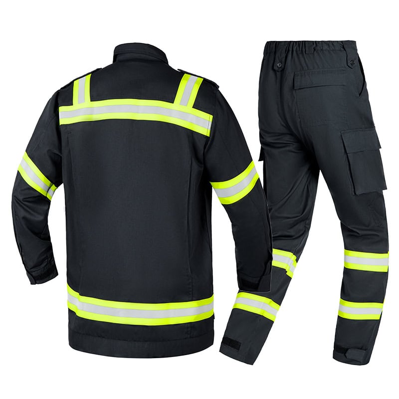 Back view of the complete custom flame resistant firefighter uniform set, highlighting the clean back panel of the jacket and reflective stripes on the trousers.