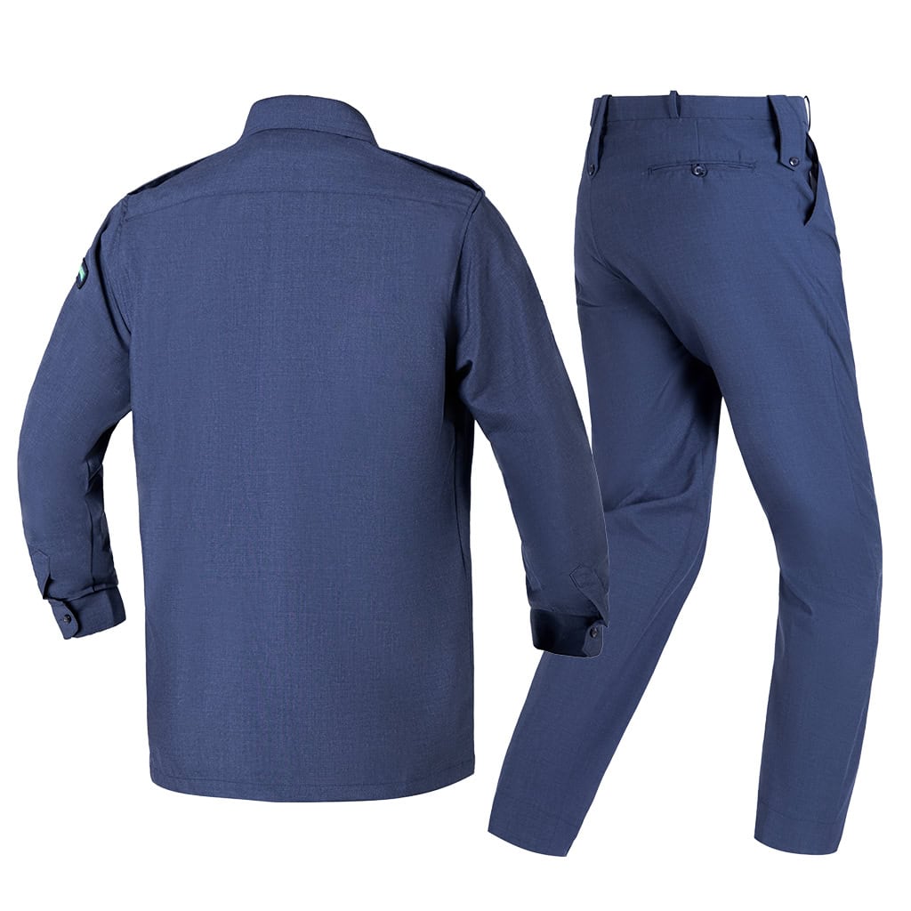 Back view of the complete custom navy wool blend uniform for Libya, highlighting the clean back panel of the shirt and trousers.