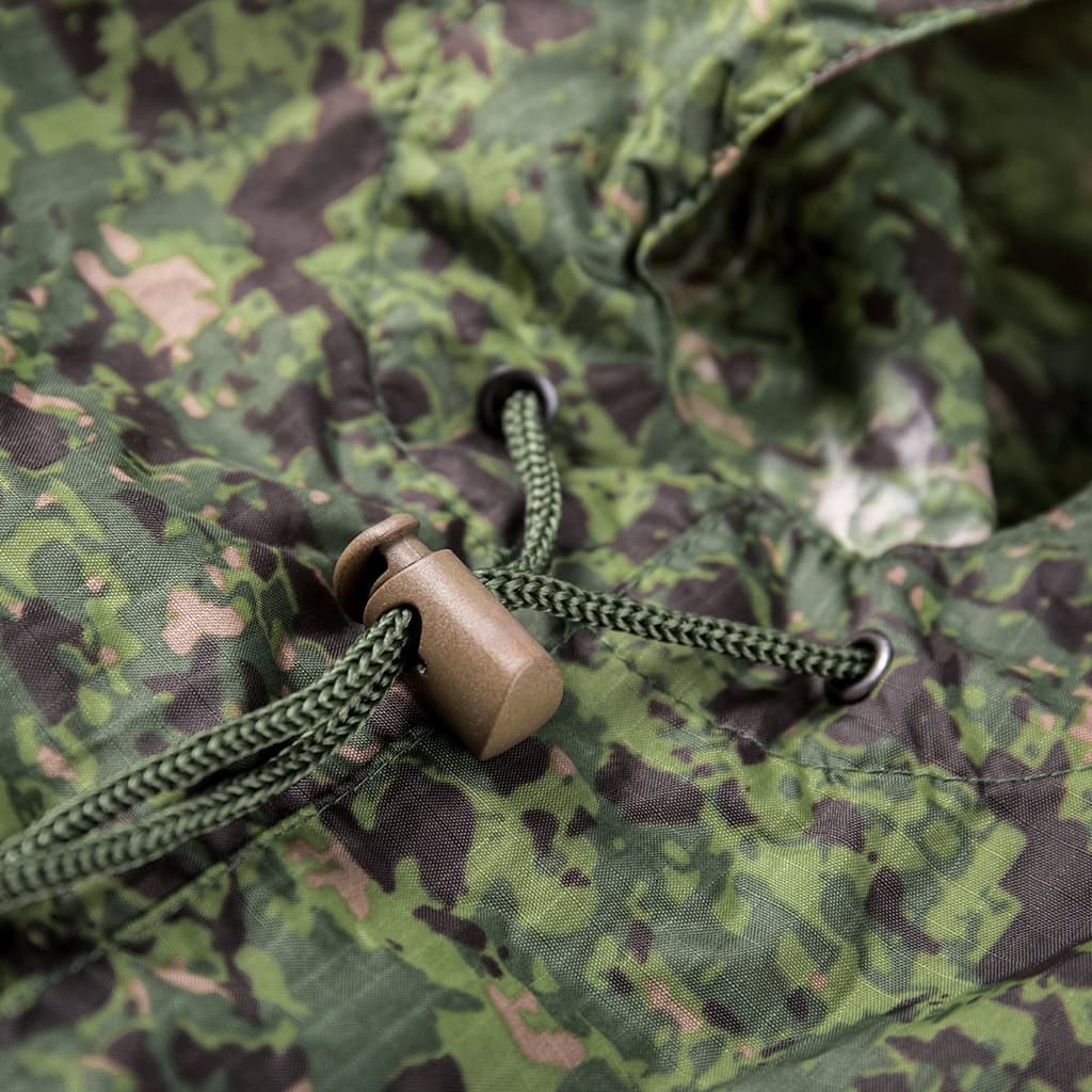 Close-up of the adjustable drawstring and cord lock on the hood of the custom Philippine jungle camo military poncho.