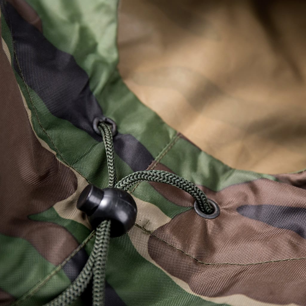 Close-up of the adjustable drawstring and cord lock on the hood of the custom Nepal camo military rain poncho.