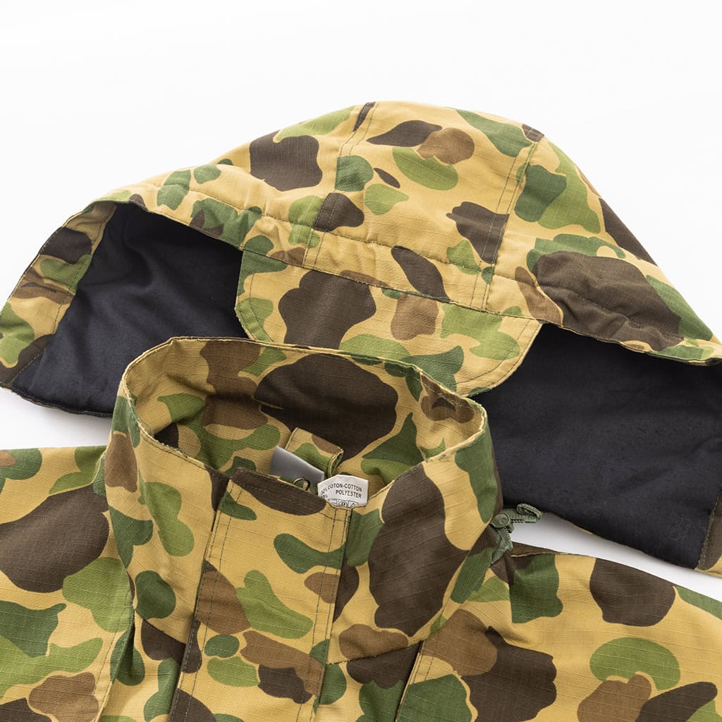 Close-up of the large, brimmed hood on the custom duck hunter camo field jacket.