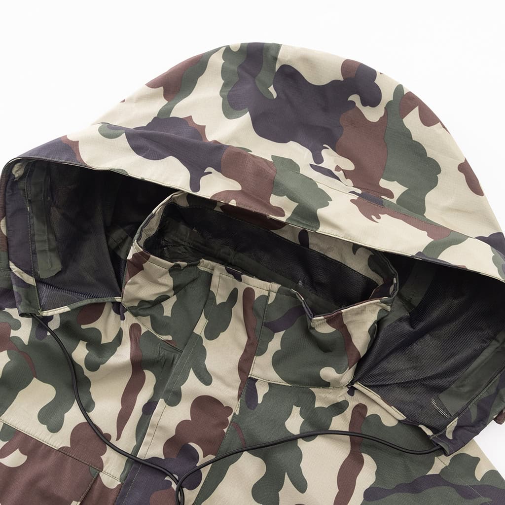 Close-up of the large, brimmed hood on the custom woodland camo military rain poncho.