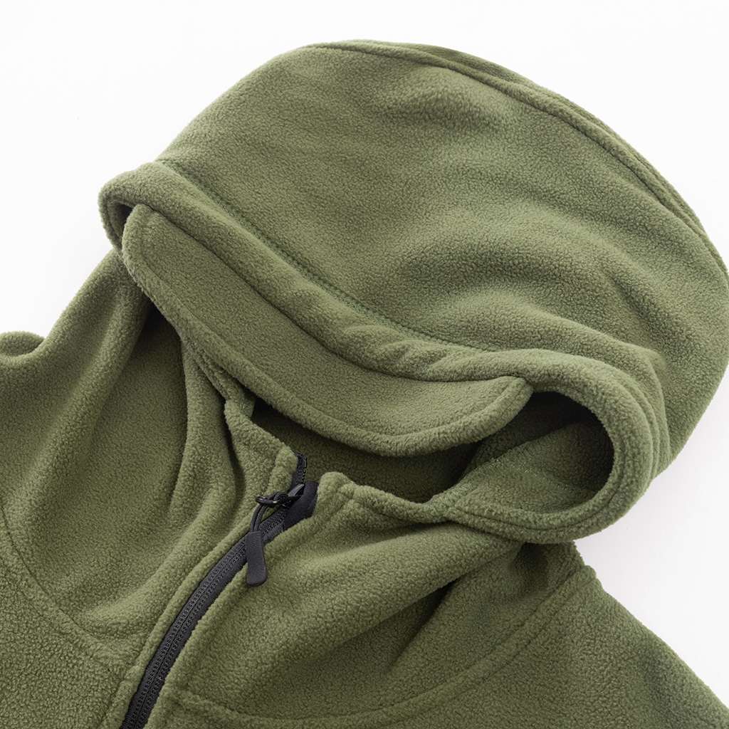 Close-up of the large, brimmed hood on the custom olive green fleece tactical jacket.