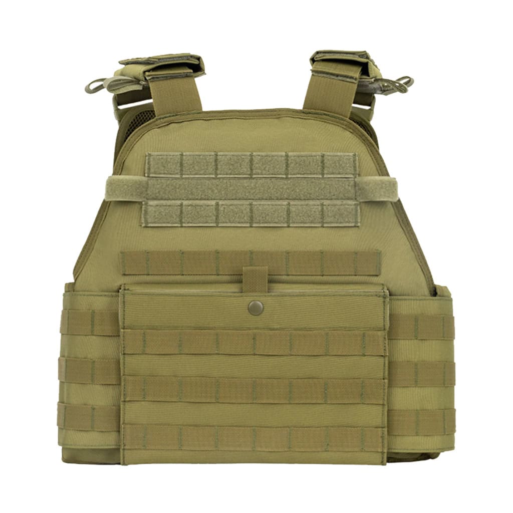 Back view of the custom tactical plate carrier vest in khaki, showing the rear MOLLE panel and emergency drag handle.