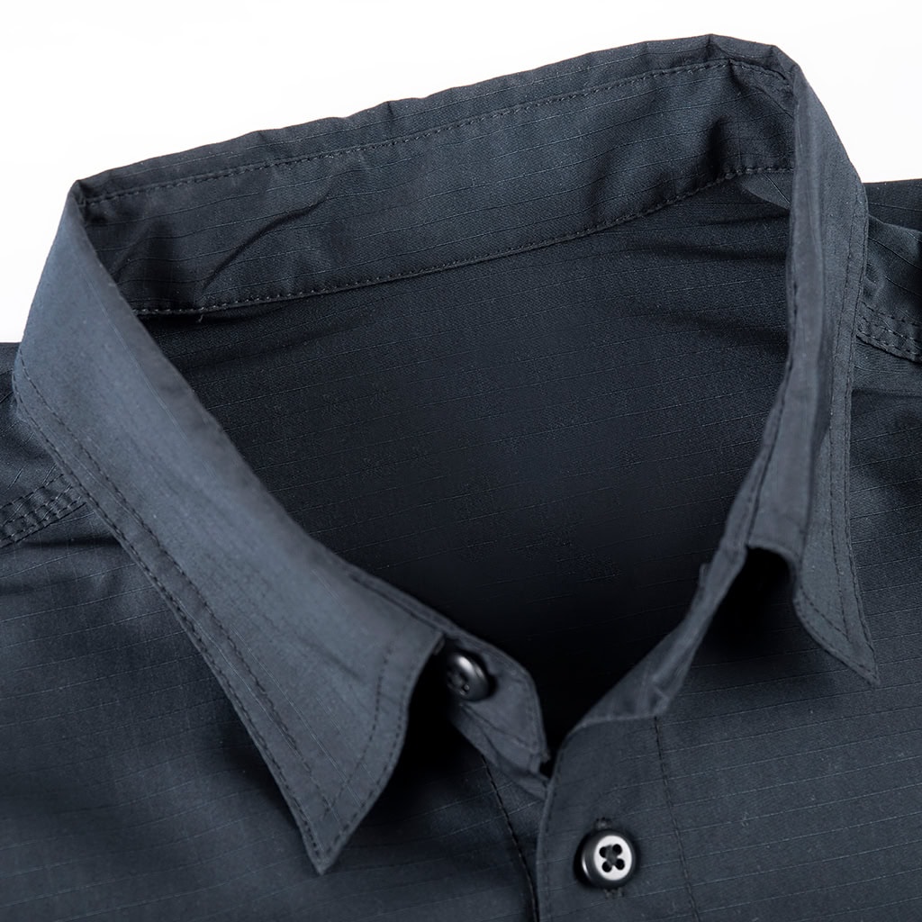 Close-up of the professional lapel collar on the custom navy blue waterproof work shirt.