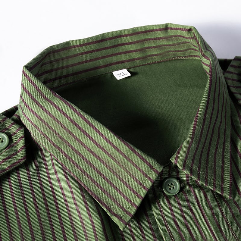 Close-up of the professional lapel collar on the custom green striped security uniform jacket.