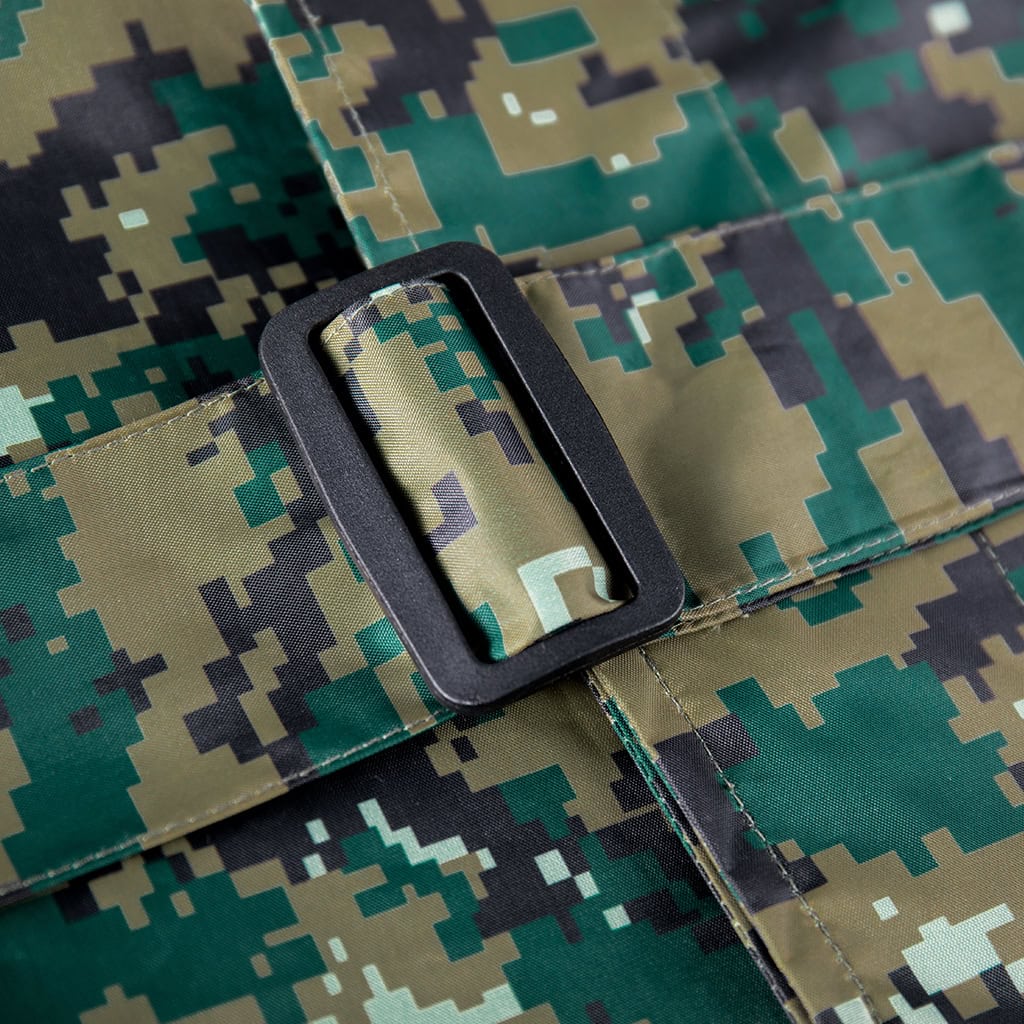 Detail of the adjustable waist belt and buckle on the custom jungle digital long raincoat.