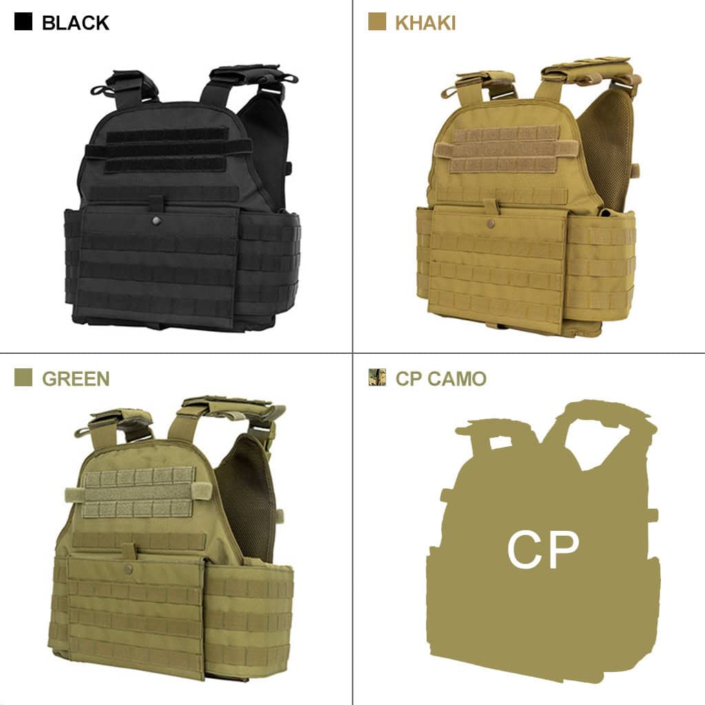 Color options for the custom tactical plate carrier vest: Black, Khaki, Green, and CP Camo.