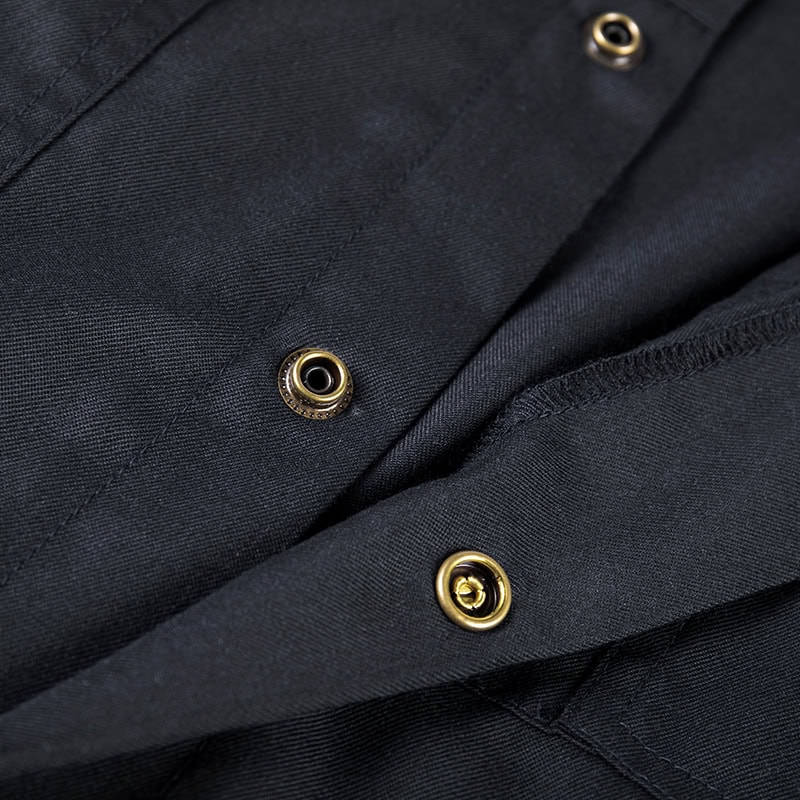 Detail of the heavy-duty snap buttons on the front placket of the custom flame resistant firefighter uniform jacket.