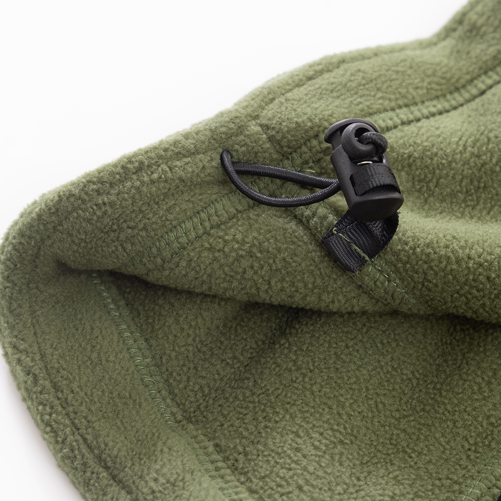 Close-up of the adjustable drawstring and cord lock on the hood of the custom olive green fleece tactical jacket.