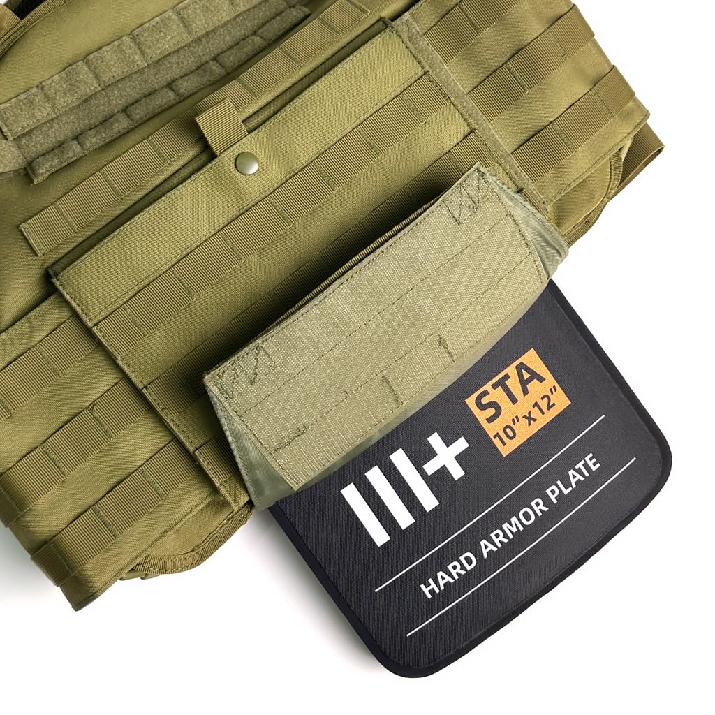 A hard armor plate being inserted into the pocket of the custom tactical plate carrier vest.