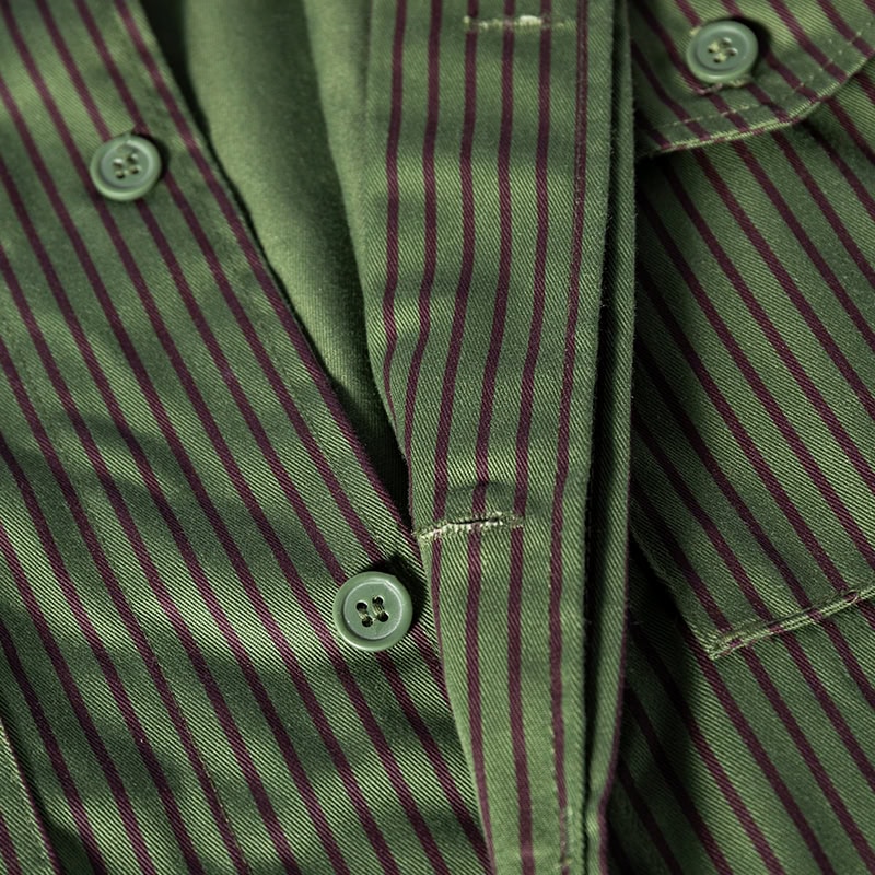 Close-up of the high-end custom buttons on the front placket of the custom green striped security uniform jacket.