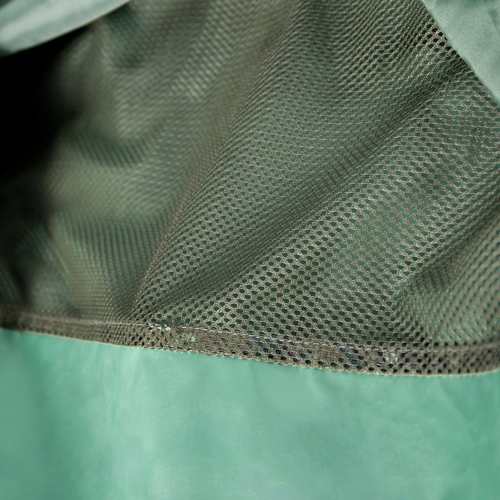 Close-up of the breathable mesh lining inside the custom jungle digital long raincoat.