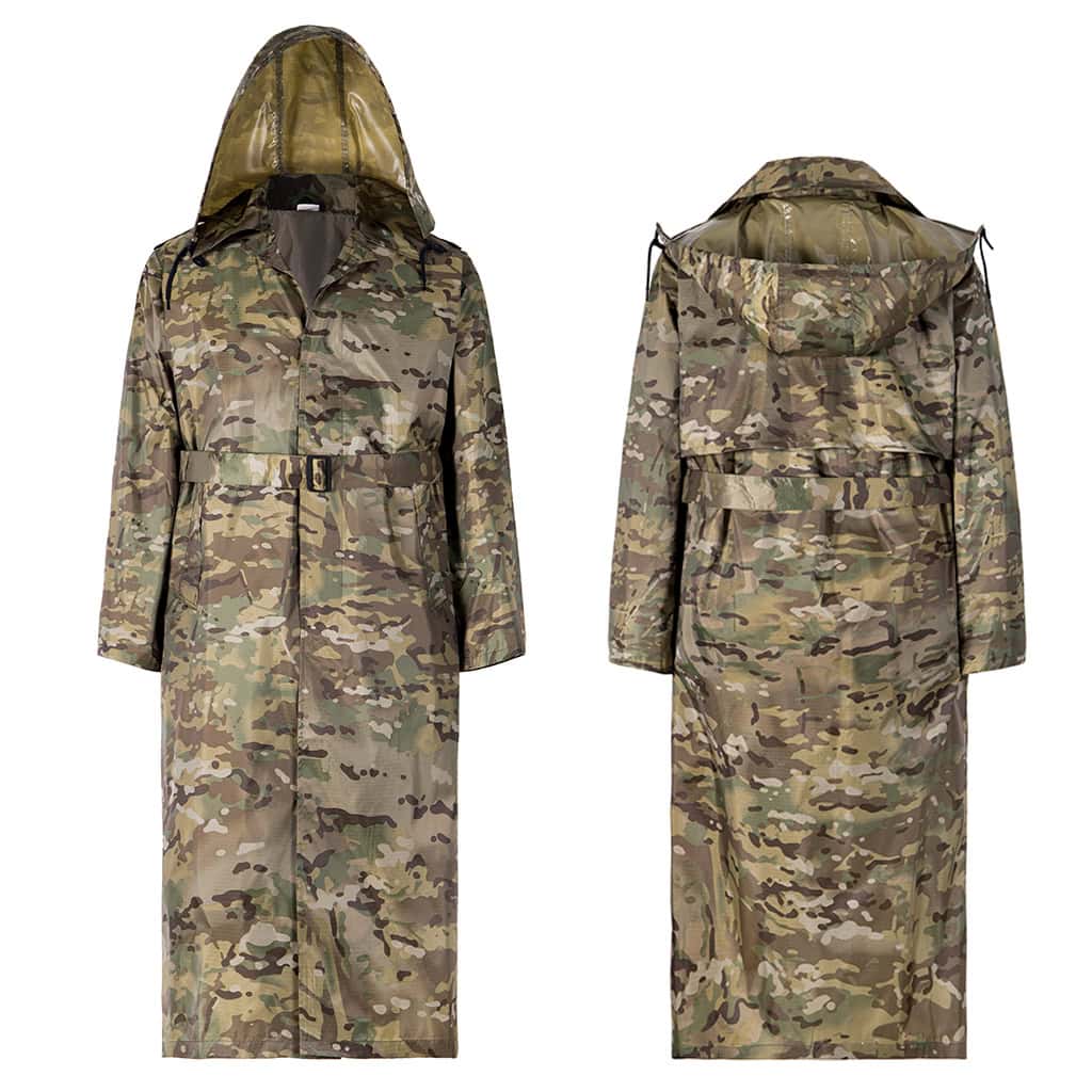 Front and back views of the full-length custom CP camo waterproof long raincoat.