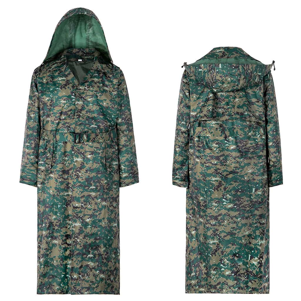 Front and back views of the full-length custom jungle digital long raincoat.