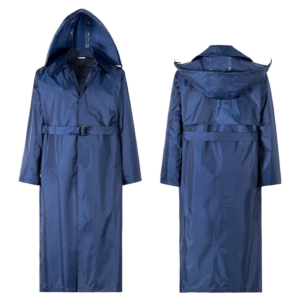 Front and back views of the full-length custom navy blue waterproof long raincoat.