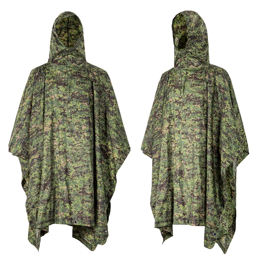 Front and back views of the custom Philippine jungle camo military poncho.