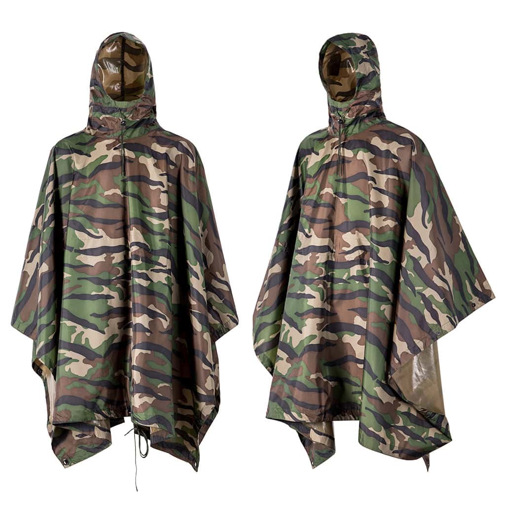 Front and angled views of the custom Nepal camo military rain poncho, showing its full coverage design.