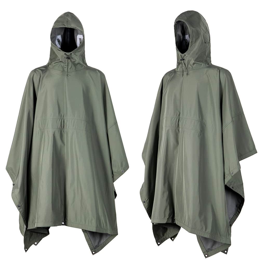 Front and angled views of the custom olive green military rain poncho, showing its full coverage design.