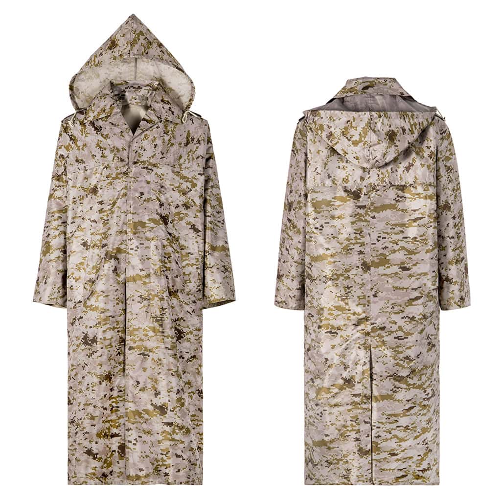 Front and back views of the full-length custom digital desert military raincoat.